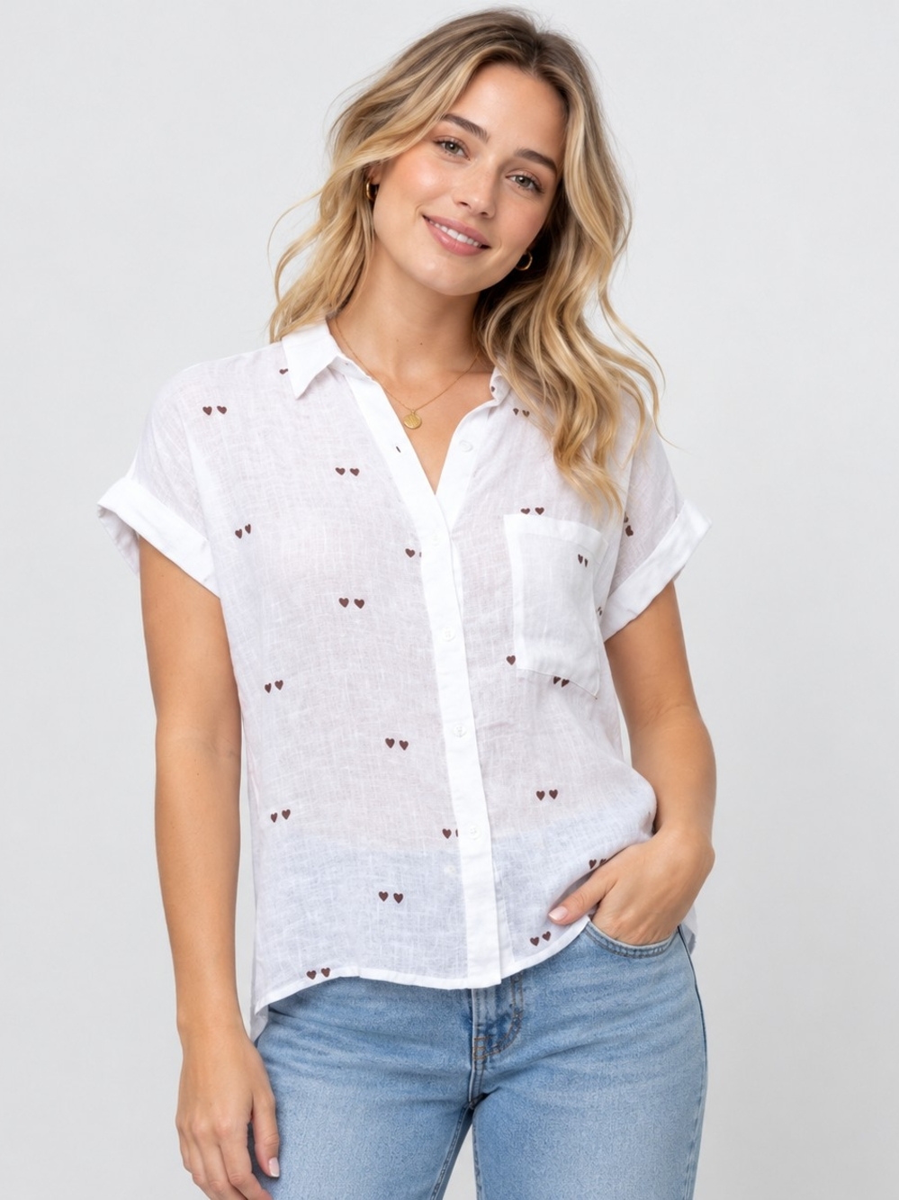 Rails Whitney Short-Sleeve Button-Down Shirt In White with Heart Sunnies XS